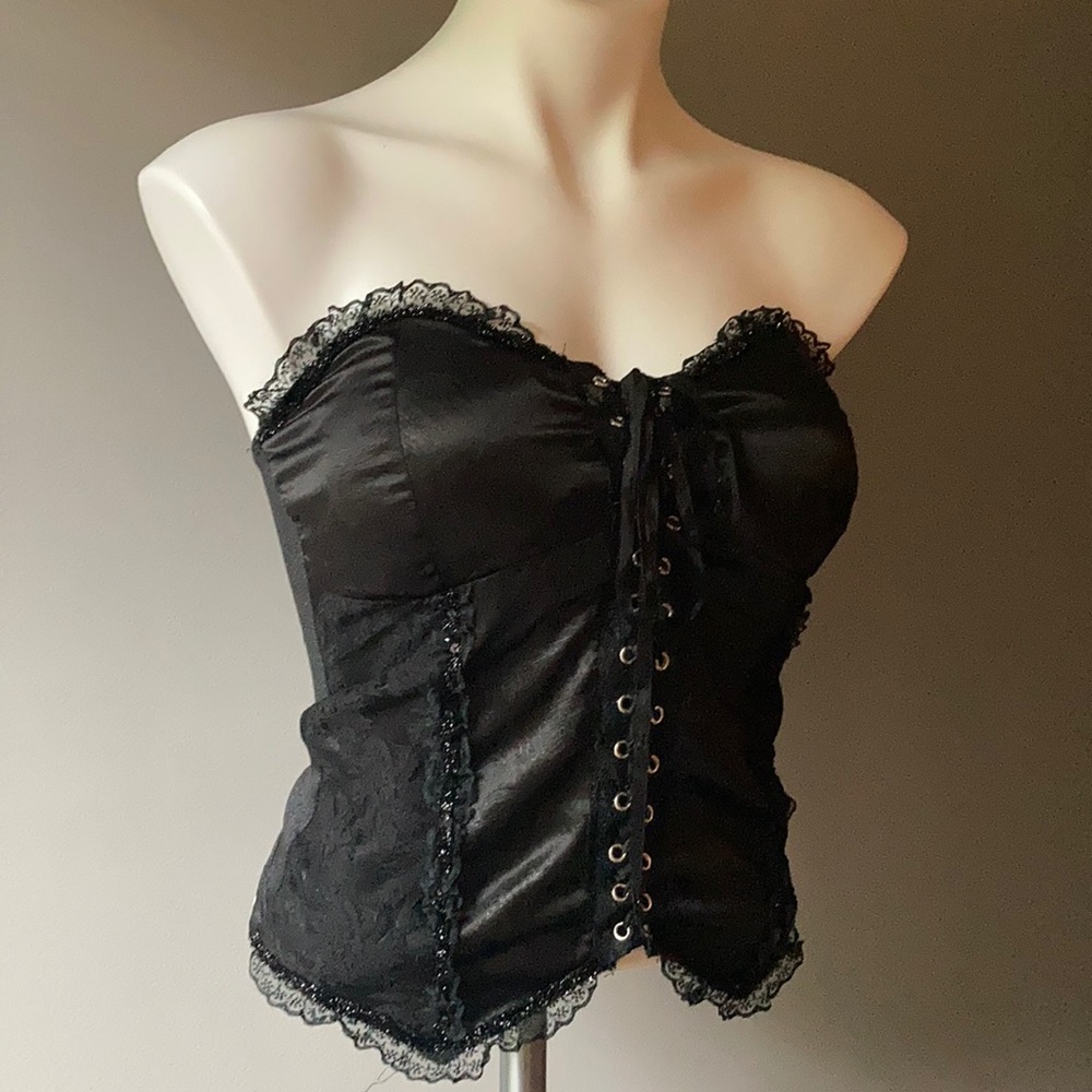 Black Lace-Up Satin Bustier Corset Top - Picture 2 of 7